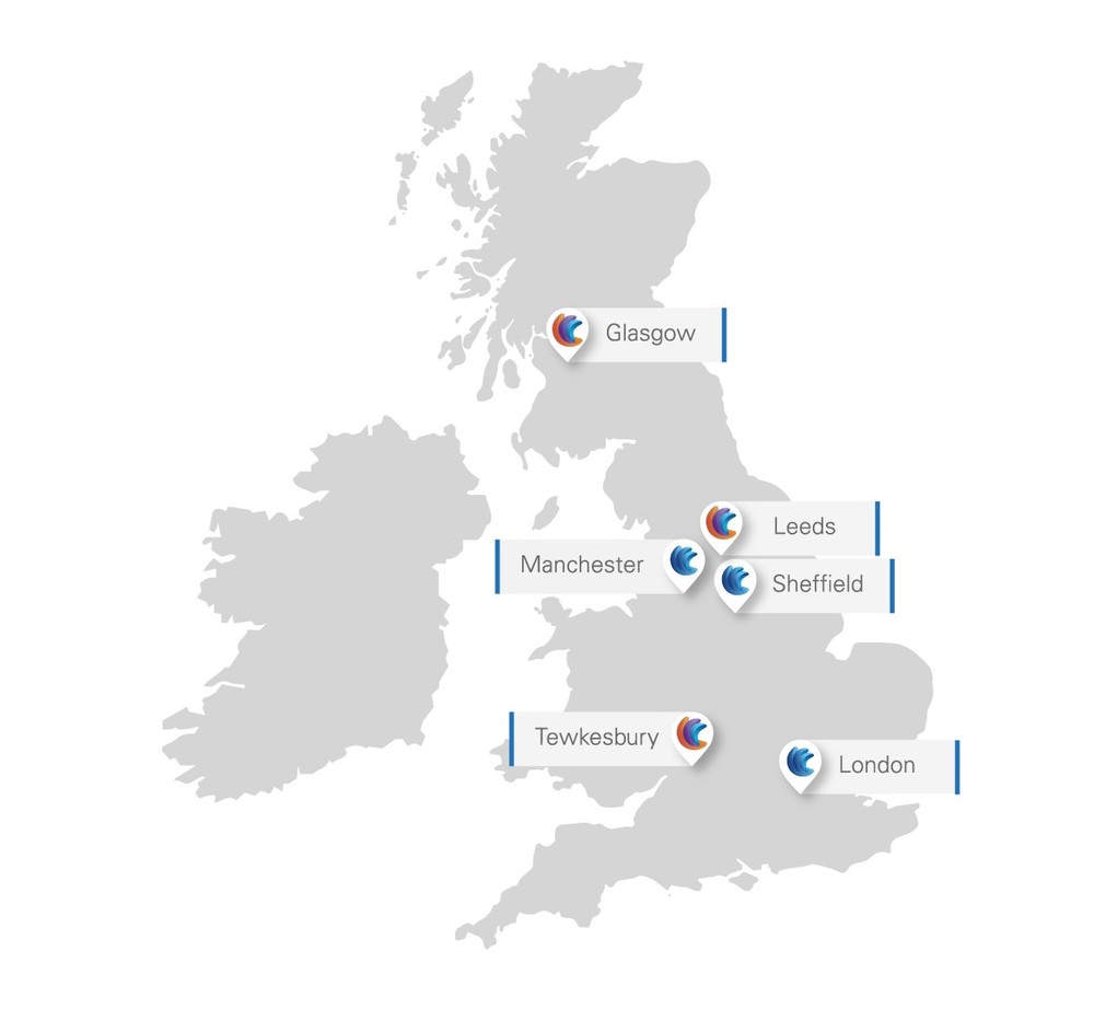 Location map for Self and Trebbi offices in the UK